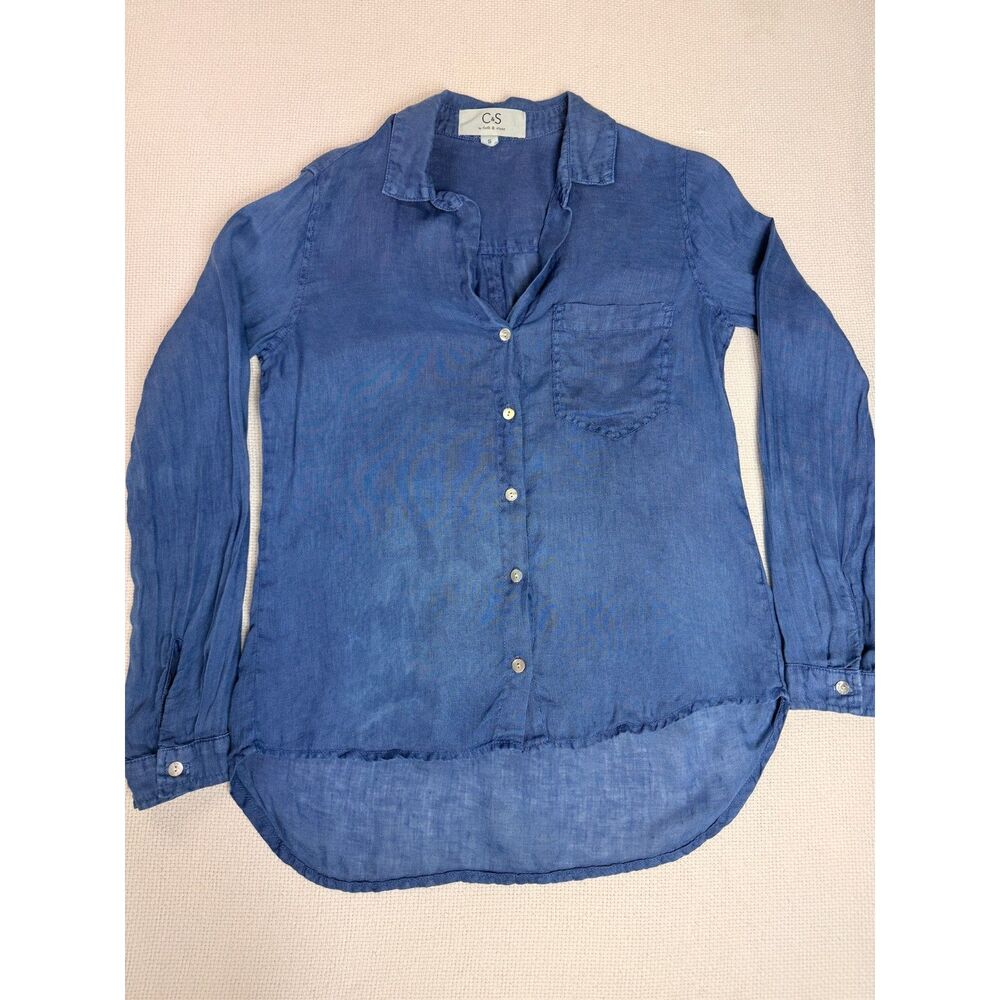 C&S by Cloth & Stone Linen Button Down Shirt Small Blue High-Low Anthropologie